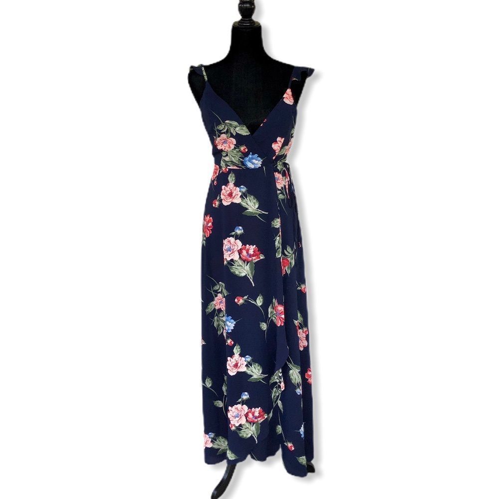 Trac Ruffle Trim Navy Floral Wrap Maxi Dress